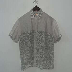 Men’s Grey Floral Pin Stripe Linen Button Down Shirt Resort Vacation Wear (0635)